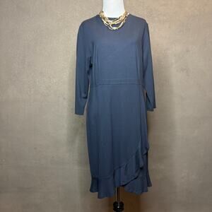 J. Jill Ponte Navy Blue Midi Dress Long Sleeve Pockets Asym Hem Petite M